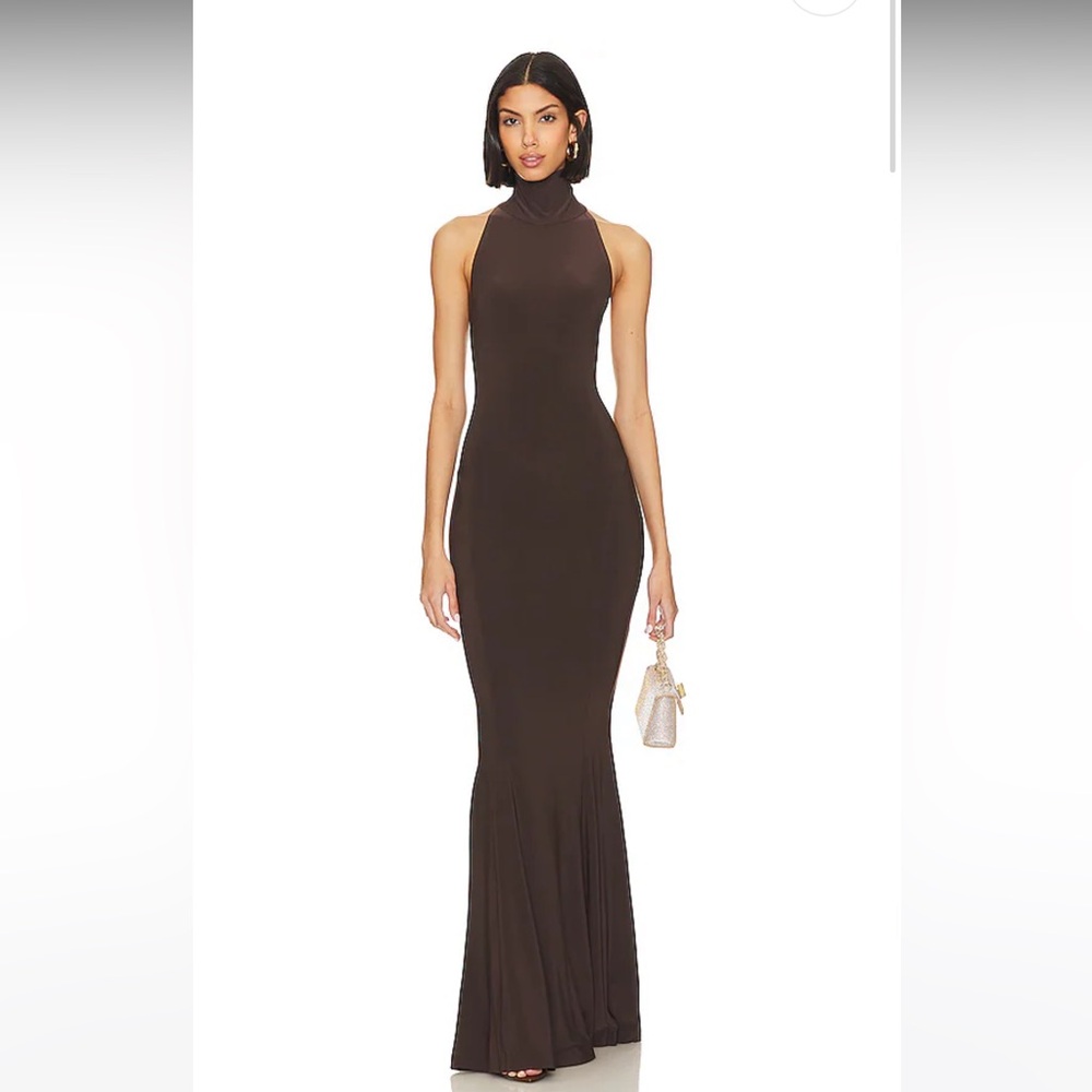 Norma Kamali Halter Turtle Fishtail Gown in Chocolate